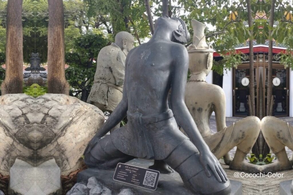 タイ・ワットポーの庭にあるルーシーダットンのポーズ像。深い呼吸と柔軟な動きを象徴する姿勢。
Ruesi Datton posture statue at Wat Pho, Bangkok — representing deep breathing and gentle flexibility.